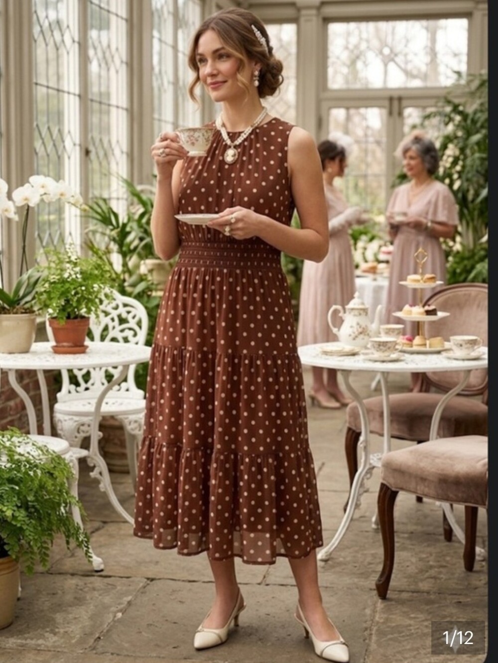 Jessica Howard Brown Polka Dot Sleeveless Mesh Midi Dress